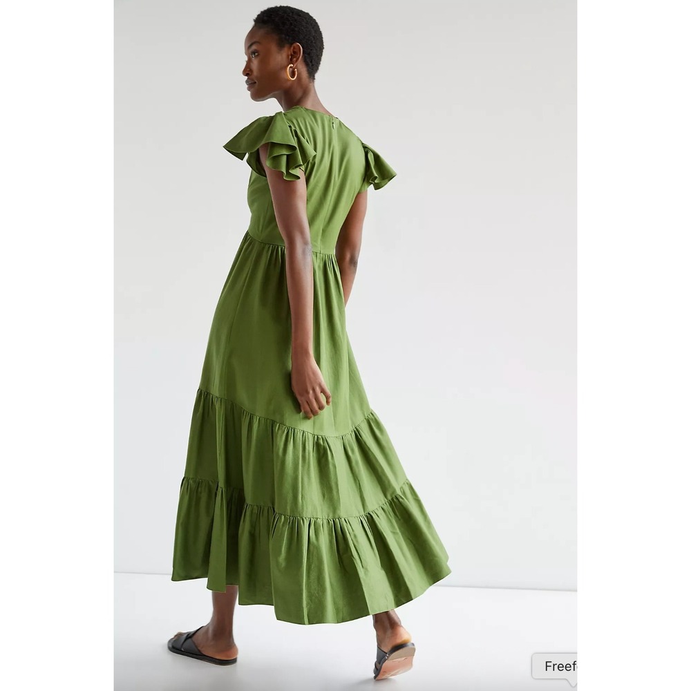 Sachin & Babi Cotton Tiered Flutter Sleeve Midi Dress Green Size 8 Anthropologie - Picture 2 of 10